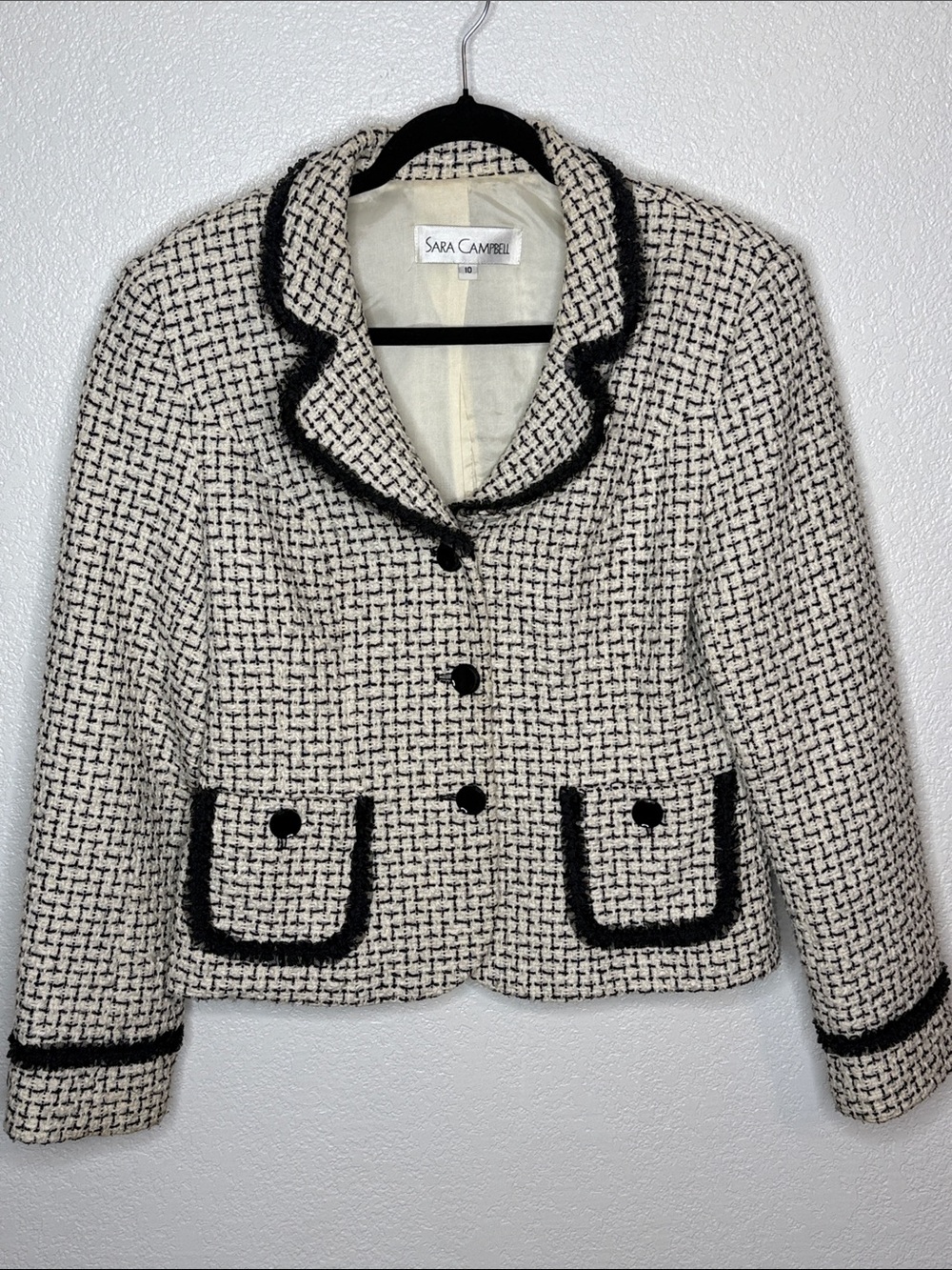 Vintage Sara Campbell Black & White Tweed Blazer Ruffle Trim Size 10 Old Money